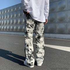Threebooy Mens Jean Fashion Printed jeans Spring Mopping Trousers Jeans Korean Style High Street Loose Hip Hop Wide-leg Jean Pants