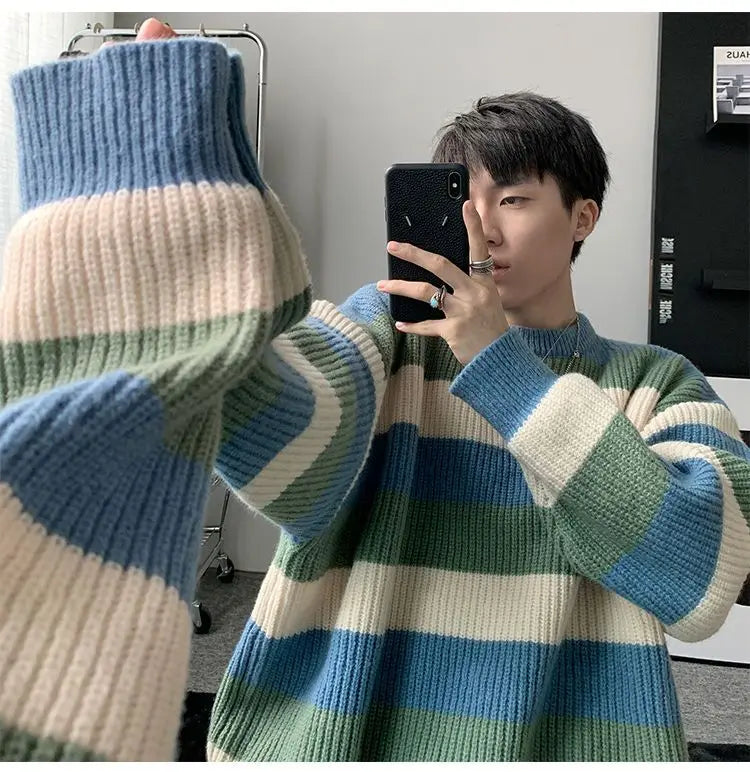 Threebooy Autumn Winter Sweater Men Pullover Korean Style Male Striped Sweater Loose Knitted Sweater Trend Thick Top Mens Clothing