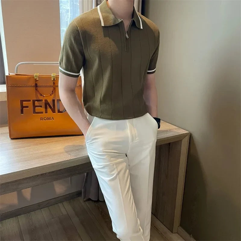 Threebooy  Summer Korean Style Men's Half Zip-up Casual Knitted Top Short Sleeves Lapel Trendy Fashionable Knitted Polo Shirt