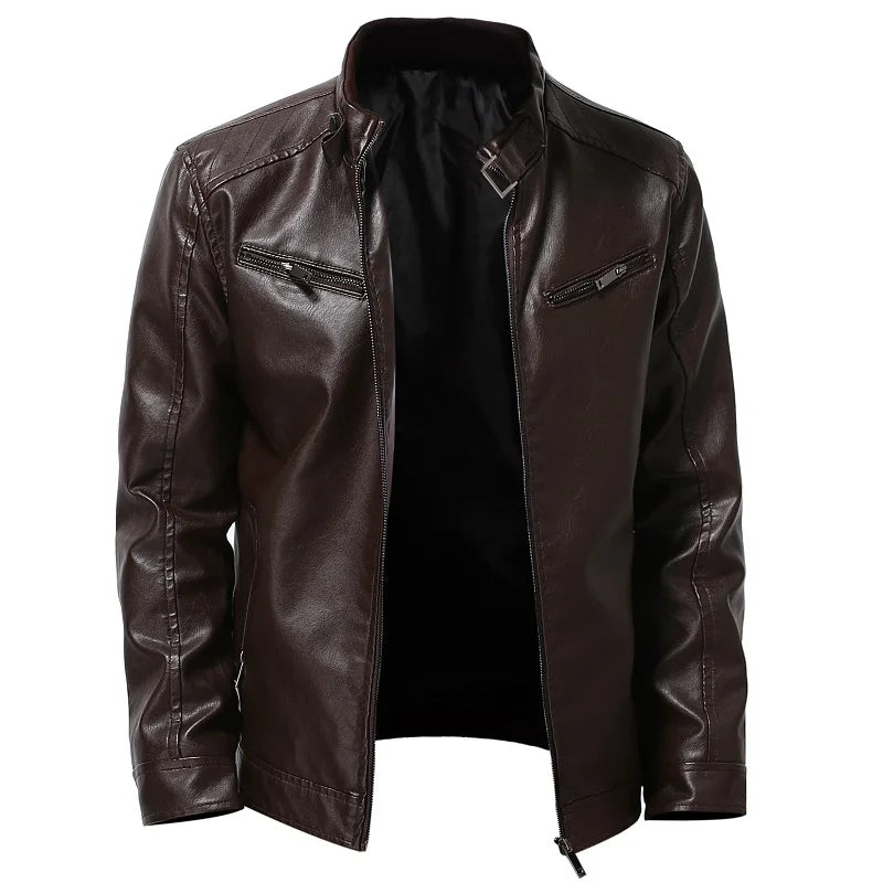 Threebooy New PU leather jacket men's stand collar casual plus velvet warm winter men's short slim motorcycle pilot leather jacket