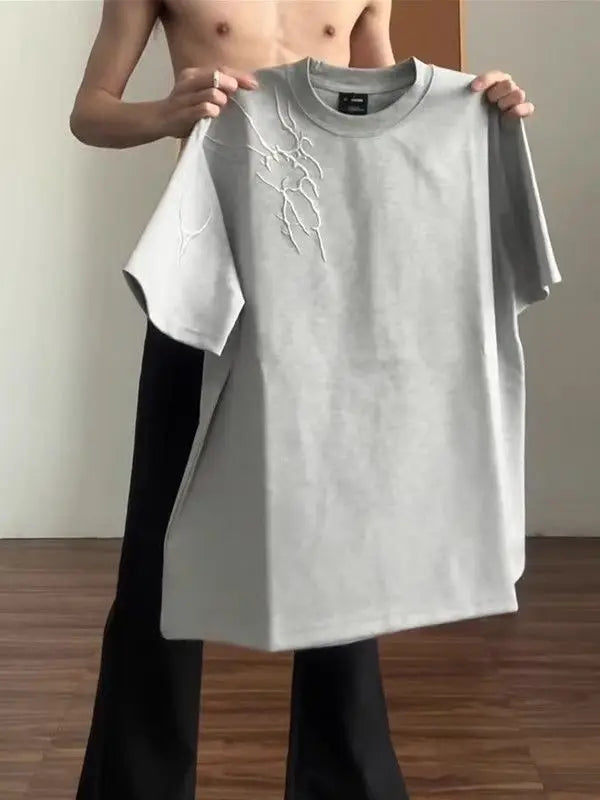 Threebooy Flower Grey Lightning Embroidered Short-sleeved Men's 2025 Summer Versatile Shoulder T-shirt Five-point Sleeve T-shirt Bottoming
