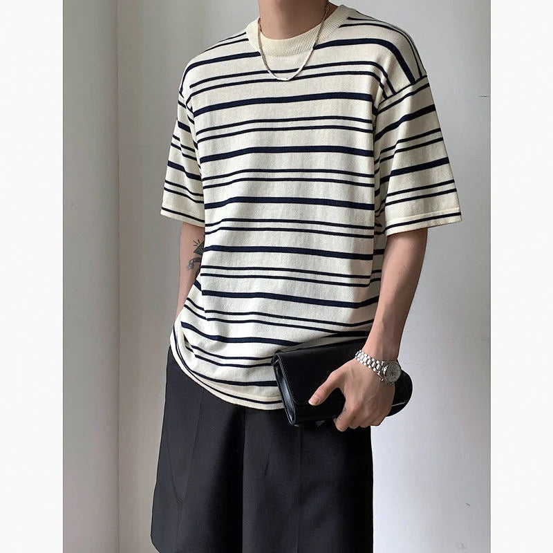 Threebooy Korean Style Men's Loose Pullover Round Neck Knit T-shirts Striped Printing Top Clothes Tshirts Apricot/navy Color T Shirts