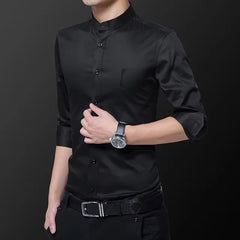 Threebooy  Hipster Design Collarless Shirt for Men Casual Cotton Soft Regular Fit Long Sleeve White Black Navy Tuxedo Shirts 4XL 5XL