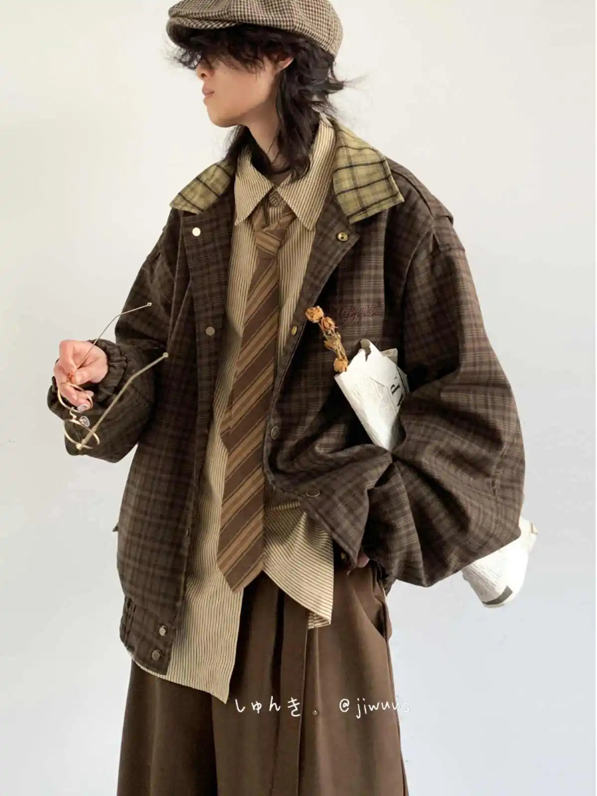 Threebooy Spring Autumn Japanese Retro Plaid Jacket Men Women Couples College Style Splicing Embroidery Casual Loose Trend Jacket Urban