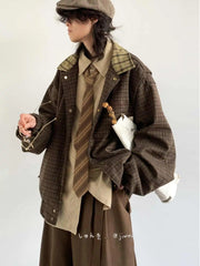 Threebooy Spring Autumn Japanese Retro Plaid Jacket Men Women Couples College Style Splicing Embroidery Casual Loose Trend Jacket Urban