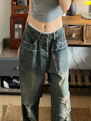 Threebooy European and American Summer HipHop Men and Women Trendy Personalized Straight Tube Washed Jeans Couple Loose Retro Casual Pants