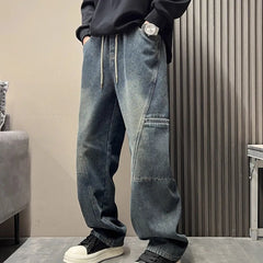 Threebooy Autumn Vintage Cool And Stylish Vintage High Street Casual Men'S Curved Knife Jeans Drawstring Pants Loose Straight Leg Pants