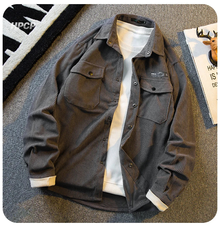 Threebooy American Retro Corduroy Shirt Men's Long-sleeved Korean Version 2025 Spring Autumn New Men's Trendy Workwear Jacket Shirt Jacket