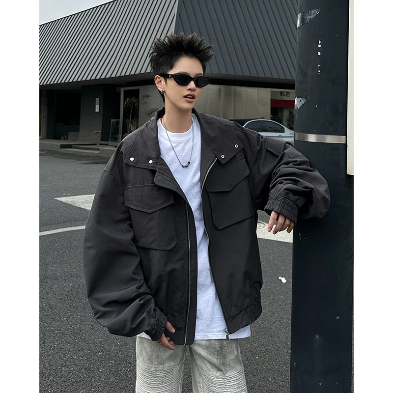 Threebooy Outdoor Work Jacket Men's Spring Autumn American Retro Zipper Coat Silhouette Bomber Handsome High Street Flying Work Jacket
