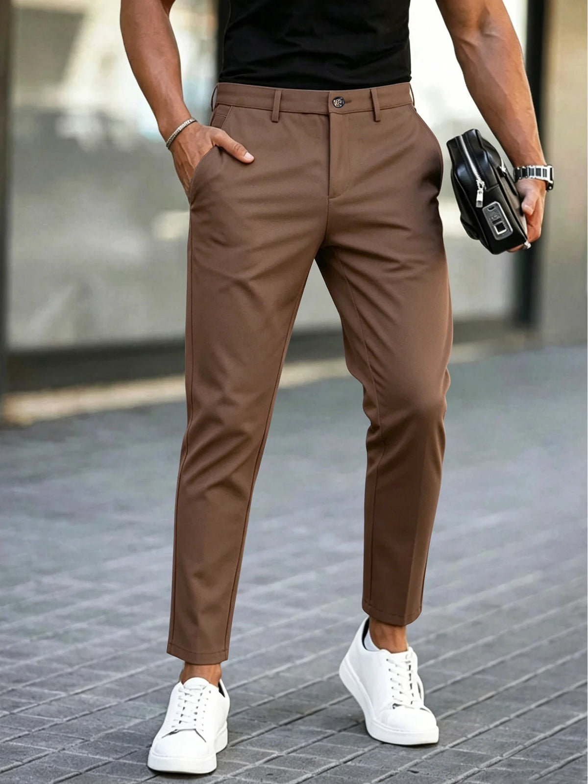 Threebooy  Men's Tapered Cropped Dress Pants Polyester Slim Fit Business Casual Solid Ankle‑Length Trousers Brown Army Green Royal Blue