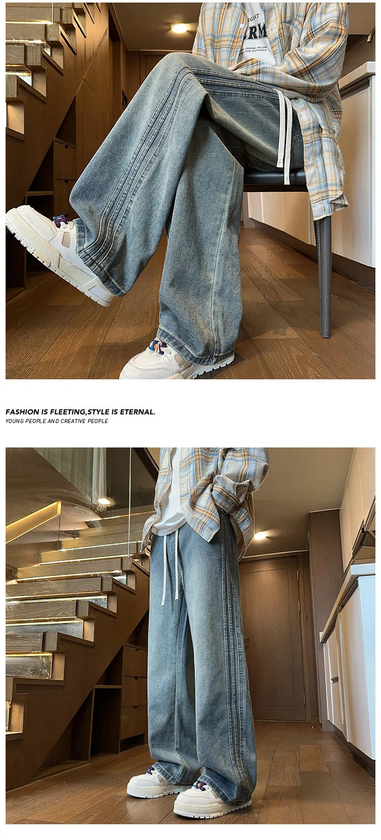 Threebooy Jeans Men Denim Pants Elastic waist pull rope Straight Droop Vintage Loose Bottom Straight Wide Leg Casual Male Trouser