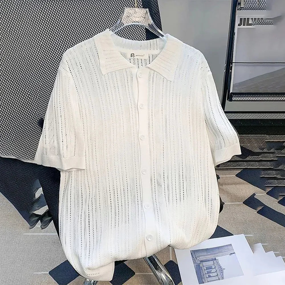 Threebooy Mens Shirt Hollow Knitted Short Sleeve Shirt Summer Casual Gym Sports Breathable Moisture Wicking Top Men's Unisex Clothing =