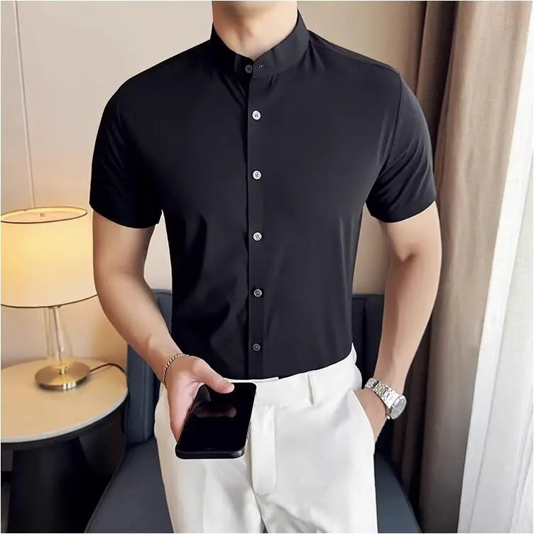 Threebooy  Summer High Quality New Solid High Elasticity Seamless Short Sleeve Shirts Men Slim Social Casual Business Formal Dress Shirt