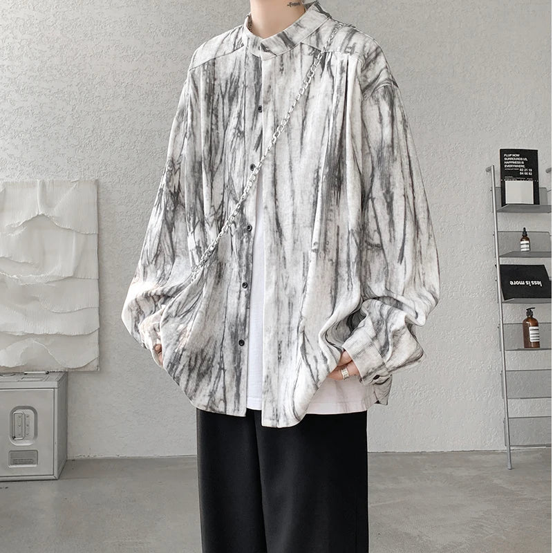 Threebooy Stand Collar Tie-dye Shirt Men Handsome Long Sleeve Men's Clothing Spring Autumn Korean Loose Streetwear Casual Shirts