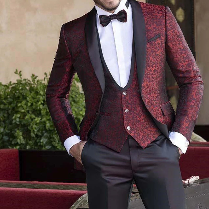 Threebooy  Luxury Floral Men Suits for Wedding Prom 3 Piece Groom Tuxedos Party Banquet Fashion Male Suit Jacket Vest with Black Pants