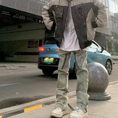 Threebooy  Distressed Washing Side Zip-up Micro Flare Jeans Niche Street Style American Vintage High-end Feel Trousers For Men Casual Scene