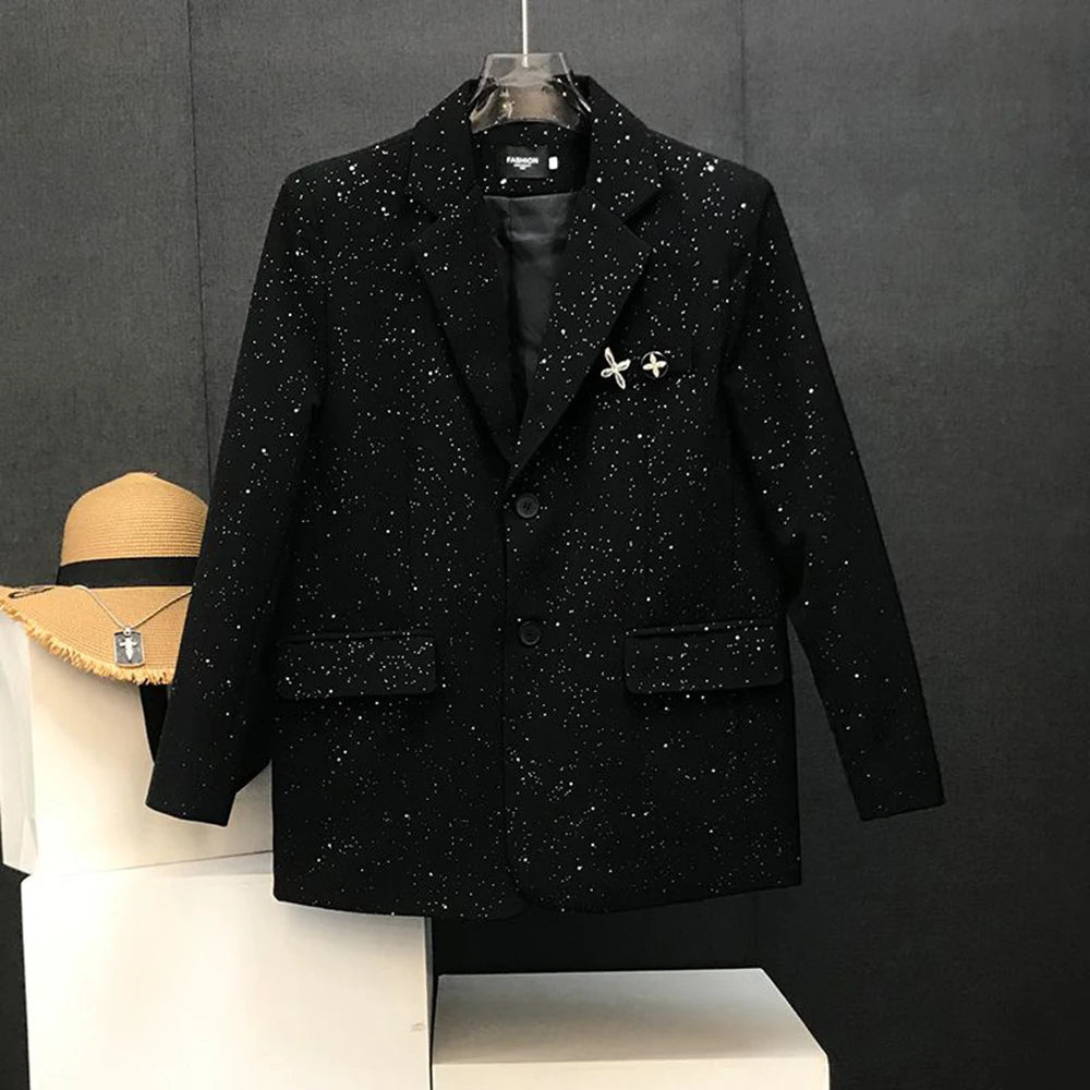 Threebooy Mens Y2k Jacket Starry Sky Shiny Suit Collar Jacket Streetwear Fashion Trend Show Youth Campus Long Sleeve Tops Men'S Clothing