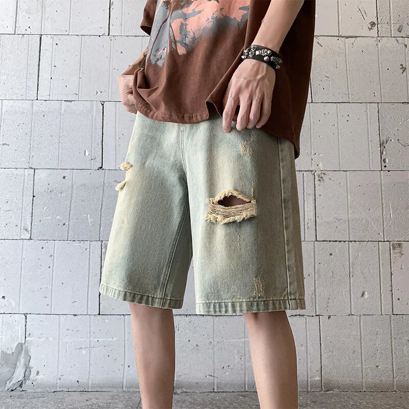 Threebooy  Distressed Denim Shorts men Vintage Wash Ripped Design Casual Summer Streetwear Destroyed Jeans Fashion man shorts
