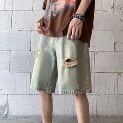Threebooy  Distressed Denim Shorts men Vintage Wash Ripped Design Casual Summer Streetwear Destroyed Jeans Fashion man shorts