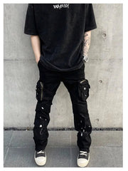 Threebooy Street Strap Speckled Ink Pocket Stereoscopic Cut Micro Horn Workwear Pants Hip Hop High Street Punk y2k streetwear Stacked Casual Pants