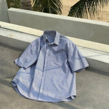 Threebooy -Youth Korean Fashions Cotton Striped Shirts Oversized Vintage Button Up Shirts Japanese Casual Short Sleeve Shirts