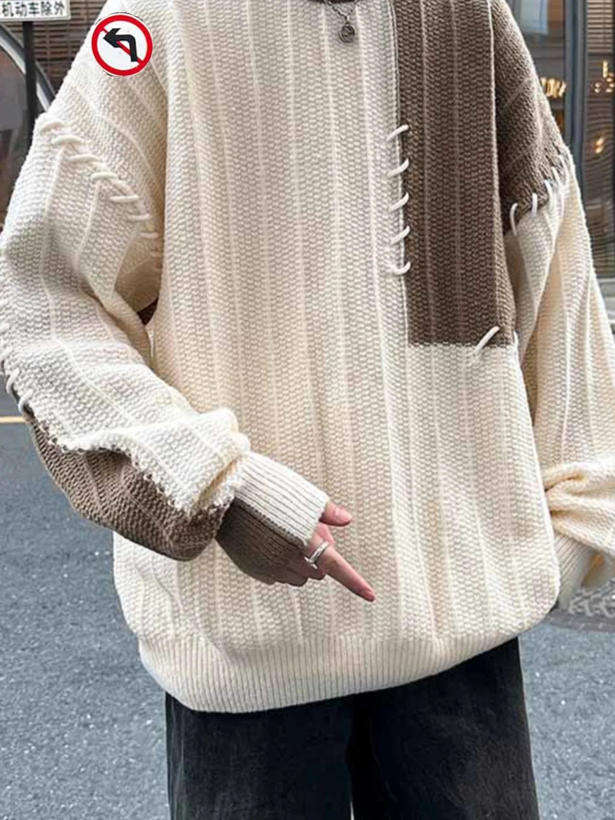 Threebooy Fashion Autumn Winter Men's Oversize Loose Casual Jumpers Male Round Neck Sweater Tops Men Patchwork Knitted Tops S846