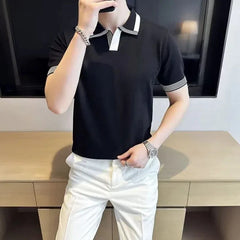 Threebooy  Japanese Retro Short-sleeved T-shirt Men's Polo Shirt Ice Silk Knitted Thin New Business Casual T-shirt Top