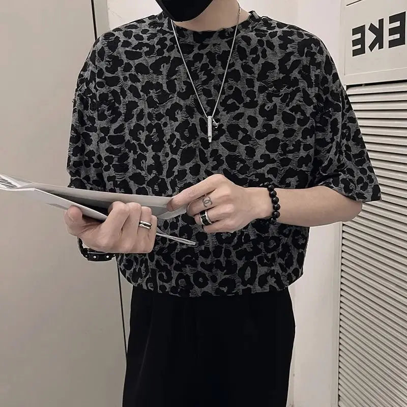 Threebooy Leopard Print Hollow Five-point Sleeve T-shirt Men's Summer Ice Silk Cool Short-sleeved 2025 New Men's Fashion Trend Top Chic