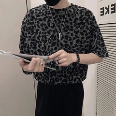 Threebooy Leopard Print Hollow Five-point Sleeve T-shirt Men's Summer Ice Silk Cool Short-sleeved 2025 New Men's Fashion Trend Top Chic