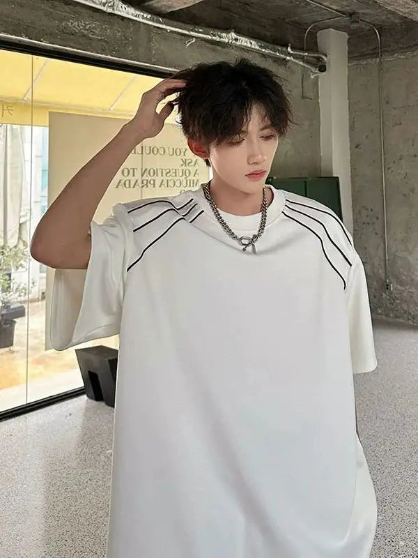 Threebooy  Deconstructed Line Short-sleeved T-shirt Men's Summer Design Sense High-end High Street Fashion Brand Handsome Five-point