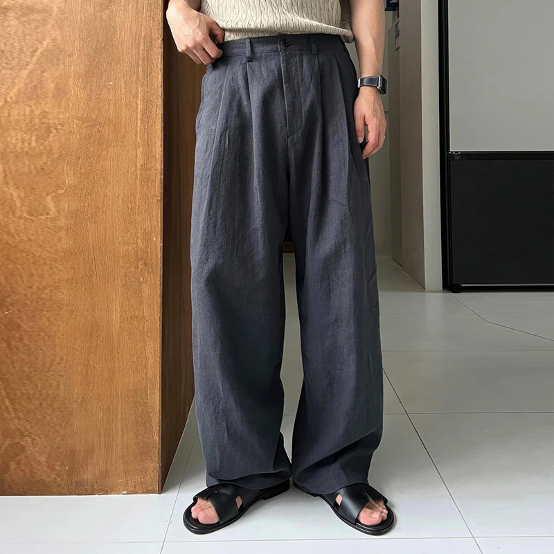 Threebooy  Men's Korean Light Luxury Draped Linen Wide Leg Pants Leisure Button-down Solid Color Straight Premium Elegant Sweatpants M-3XL