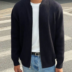 Threebooy  Autumn and Winter Solid Color Knitted Cardigan Jacket for Men Versatile Casual Simple Sweater Zipper Solid Color Round Neck Top