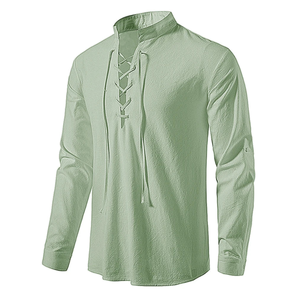 Threebooy  New Men's Casual Blouse Cotton Linen Shirt Tops Long Sleeve Tee Shirt Spring Autumn Slanted Placket Vintage Yoga Shirts