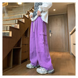 Threebooy Multi-Pocket Washed Cargo Pants Men Women Y2K Vintage Streetwear Loose Oversized Straight Wide-Leg Jeans Dark Green/Purple