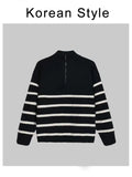 Threebooy New Winter Half-Zip Sweaters Men Korean Fashion Long Sleeve Striped Loose Pullovers Heavyweight Thick Warm Knit Tops Sweter
