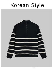 Threebooy New Winter Half-Zip Sweaters Men Korean Fashion Long Sleeve Striped Loose Pullovers Heavyweight Thick Warm Knit Tops Sweter