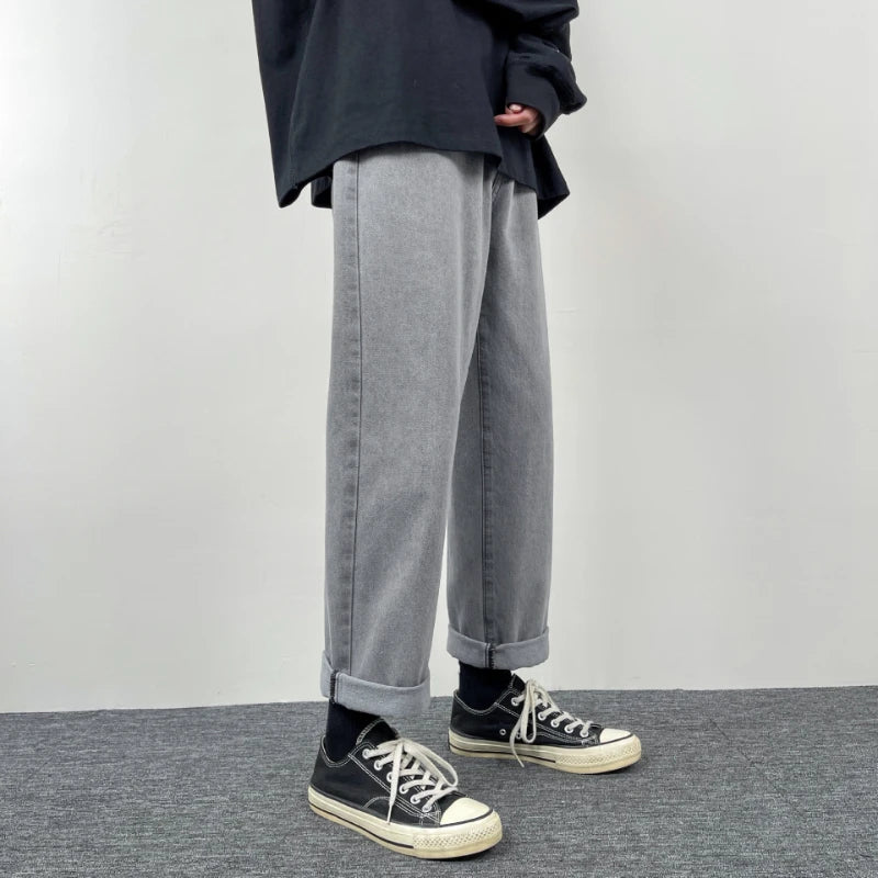 Threebooy New Korean Fashion Men's Casual Baggy Long Jeans Classic Man Straight Denim Wide-leg Pants Solid Color