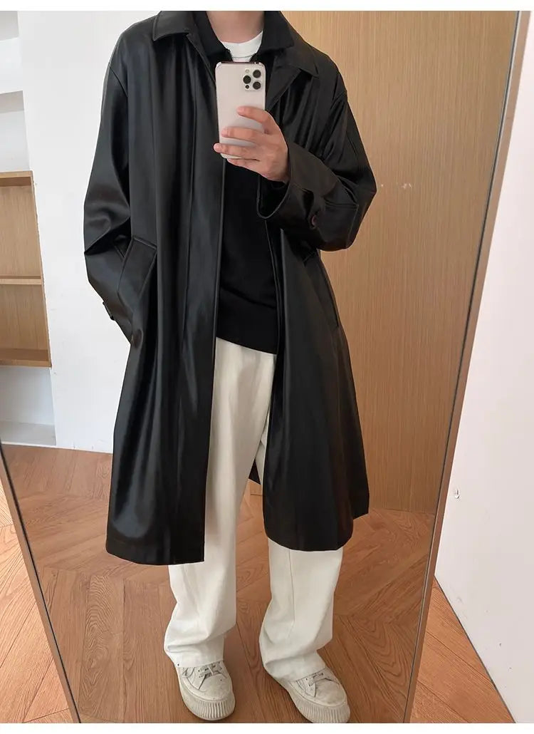 Threebooy 2025 Spring Pu Leather Jacket Men's Mid-length American Retro Long Jacket Lapel Button Coat Trendy Cityboy Windbreaker