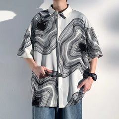Threebooy  Summer Short Sleeve Shirt Men Fashion Retro Print Shirt Men Loose Black White Ice Silk Shirts Mens Hawaiian Shirt Large Size