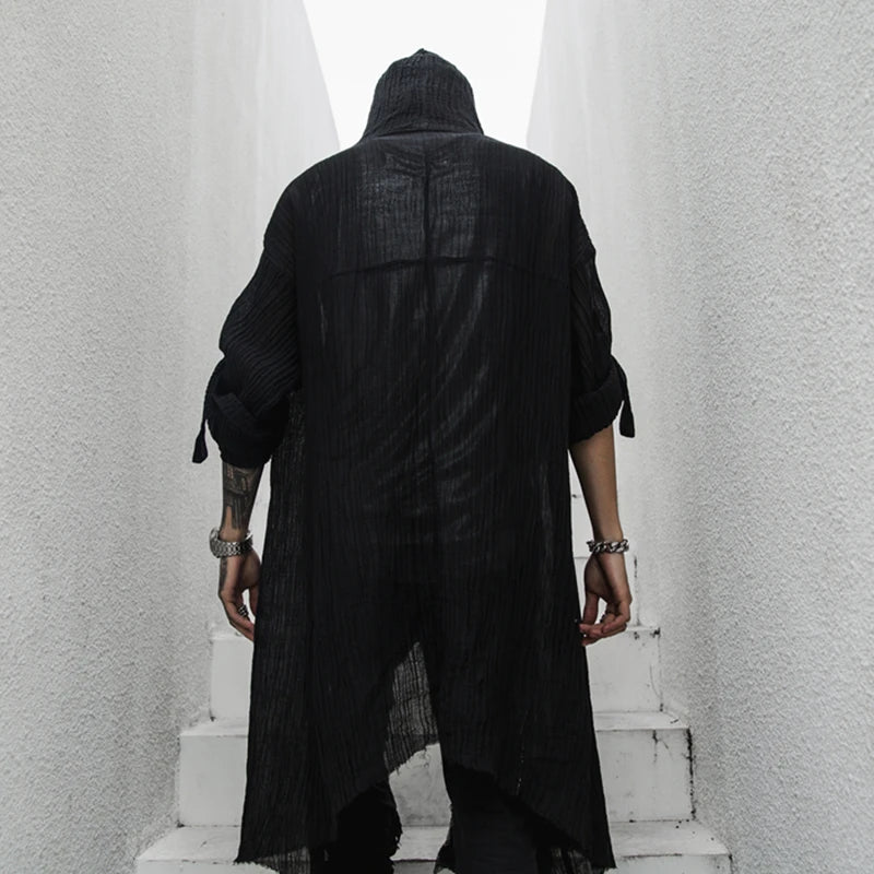 Threebooy Punk rock hip hop black long shirt hooded cloak cardigan men linen oversize blouse Nightclub DJ singer gothic vintage streetwear