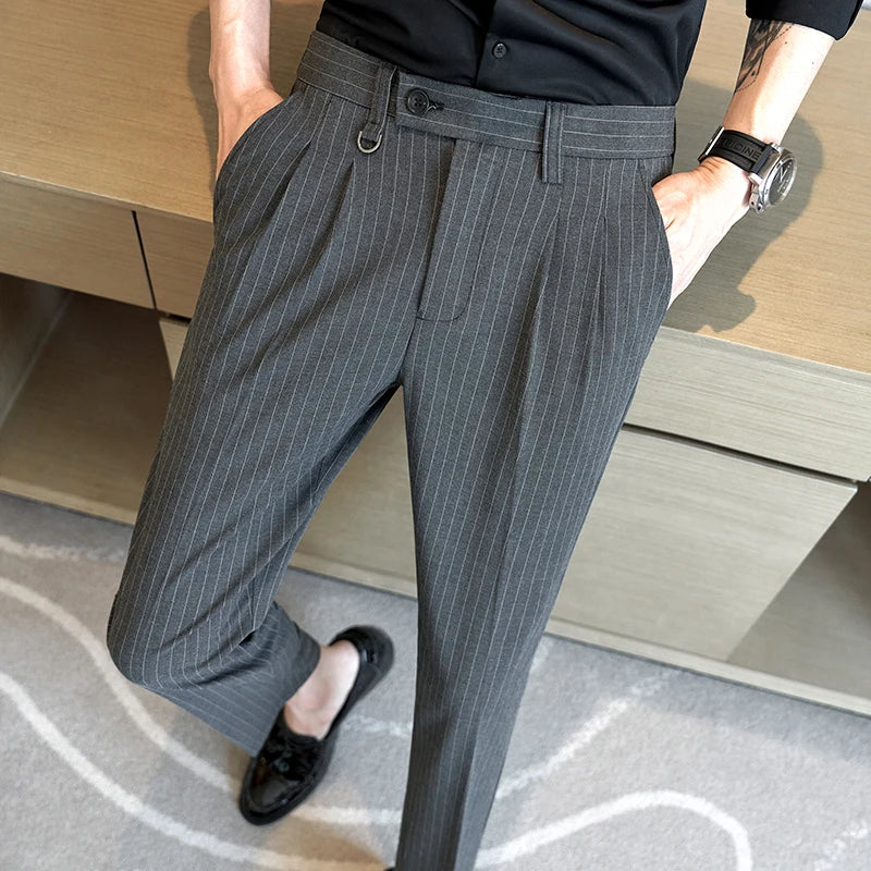 Threebooy Autumn Winter Men Fashion Business Casual Suit Pants Male Stripe Pants Men Slim Fit Straight Trousers