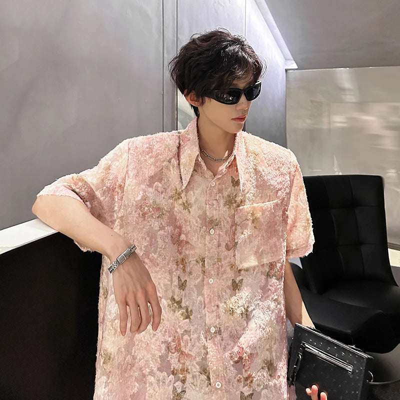 Threebooy Pink Butterfly Tassel Shirt Men Front Pocket Summer Loose Casual Floral Short Sleeve Shirts Oversize Streetwear Boy Girl Blouses