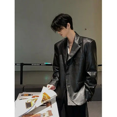 Threebooy American Leather Jacket Retro Outfit Handsome High-end Men's Niche Shoulder Pad Suit Black PU Leather Jacket Chic Streetwear