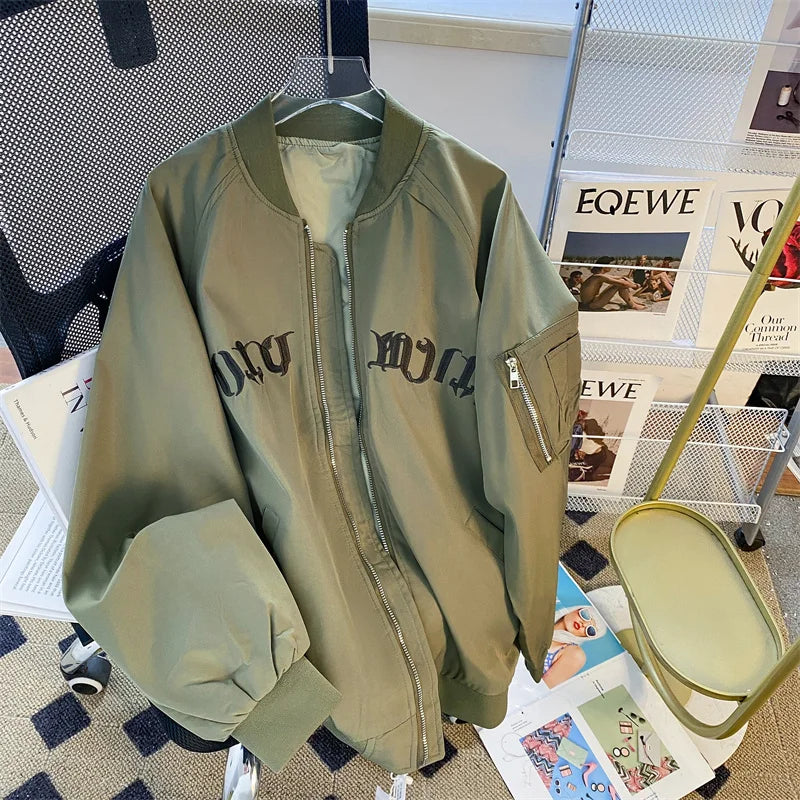 Threebooy American Casual Jacket Vintage Letter Embroidery Bomber Jacket Men's Spring Autumn High Street Vibe Casual Baseball Uniform Coat