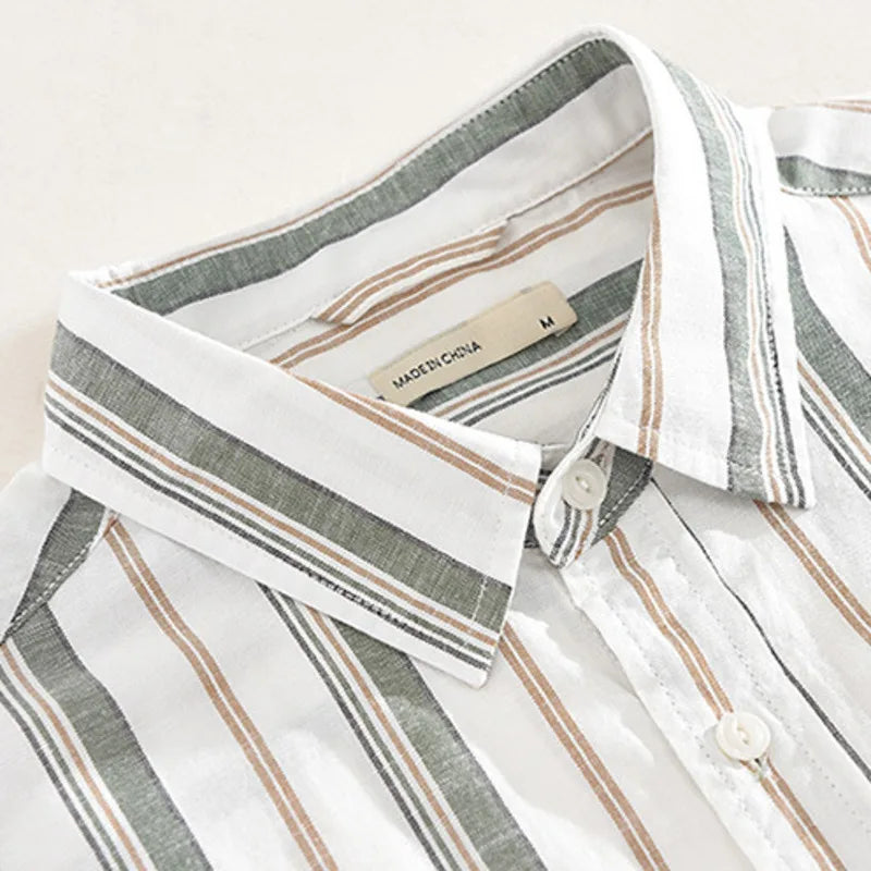 Threebooy  Fashion Japan Style Men Linen Cotton Shirts Casual Stripe Long Sleeve Tops Single Breasted Male Loose Vintage Versatile Shirt
