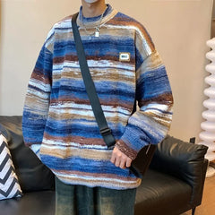 Threebooy 2024 New Vintage Clashing Stripe Sweater Neutral Wind Trend Loose Couple Knitted Pullovers Round Neck Men Jumper
