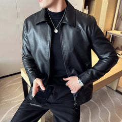 Threebooy Men's Motorcycle Leather Jacket Large Size Pocket Black Zipper Lapel Slim Fit Male Spring Autumn High Quality PU Coat