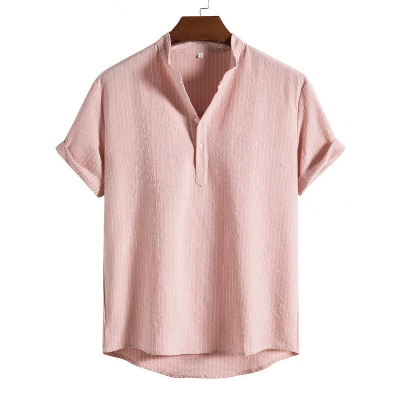 Threebooy Summer Men's Cotton Linen Stand Collar Short Sleeved Shirt