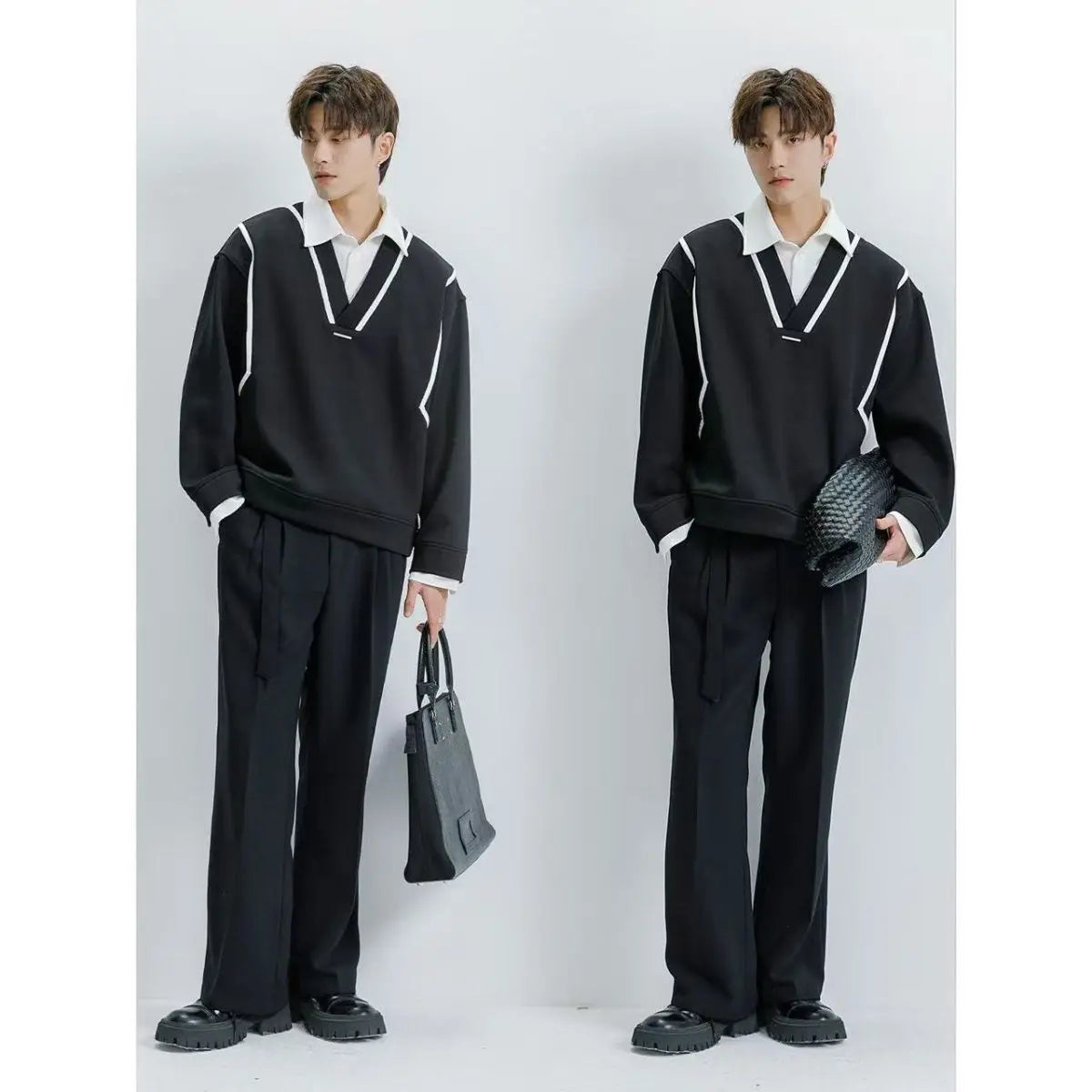 Threebooy Preppy Elegant Shirt High-end Sweatshirt for Men Spliced men's Fake Two Pieces Casual Long-sleeved Loose Lapel Shirt