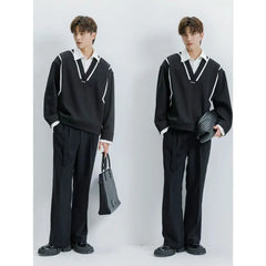 Threebooy Preppy Elegant Shirt High-end Sweatshirt for Men Spliced men's Fake Two Pieces Casual Long-sleeved Loose Lapel Shirt